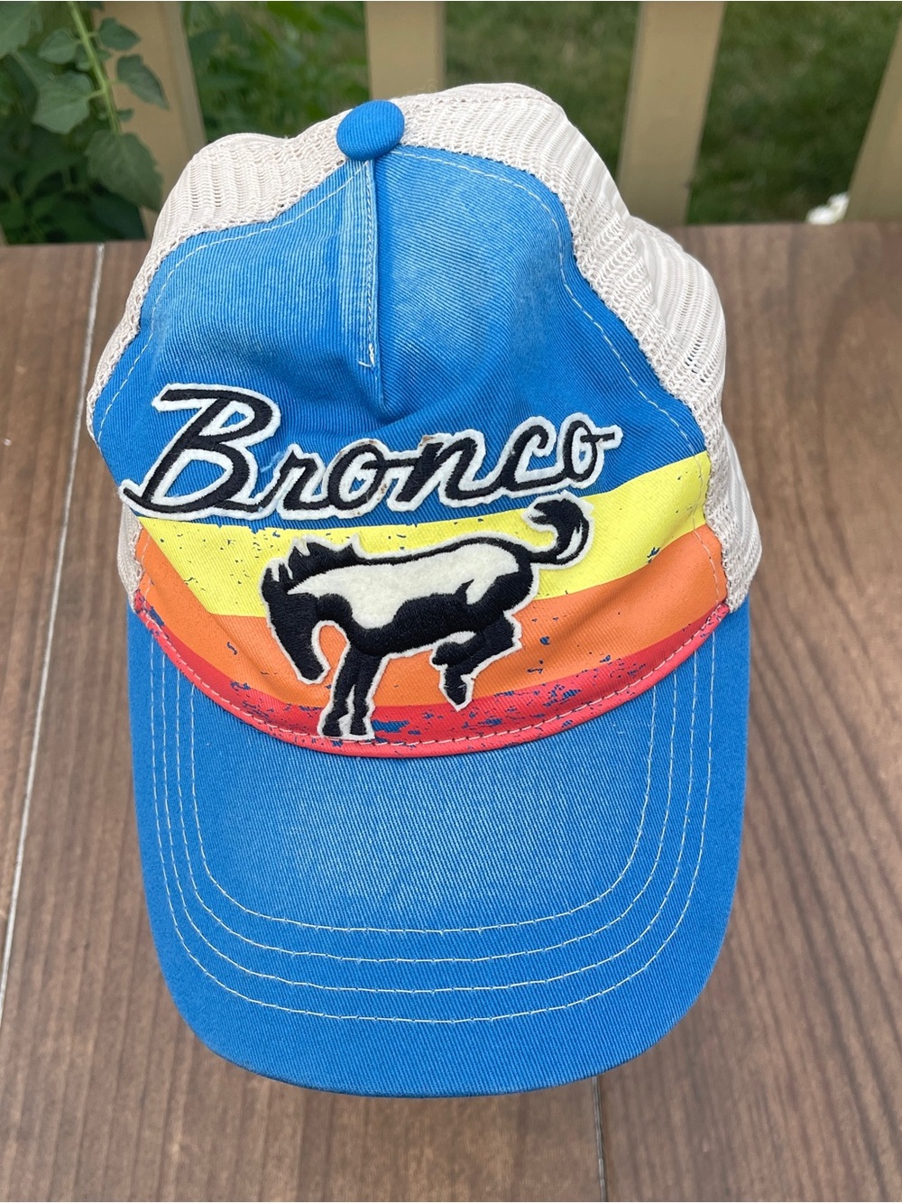 Ford Blue Bronco Trucker Hat with Yellow and Orange Stripe